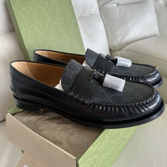 NEW GUCCI SUPREME TASSEL BLACK LEATHER & CANVAS MEN’S SHOES US 13 / 12 G $920 - Picture 6 of 10